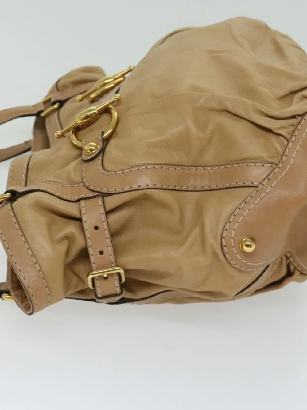 GUCCI Horsebit Shoulder Bag Leather Beige 203546 Auth fm3198